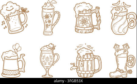 Set of cute beer mugs and glasses with traditional german oktoberfest elements, handdrawn vector illustration Stock Vector