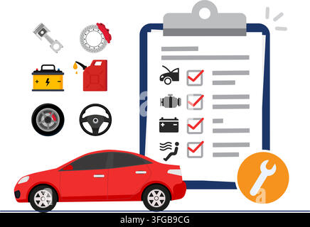 Car vehicle checklist inspection concept or car maintenance technical service flat graphic stock illustration Stock Vector