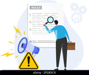 Concept of rules and regulations. Business people studying a checklist of rules and regulations. Stock illustration. Stock Vector