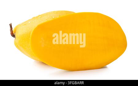 Single ripe yellow mango fruit and a half with water droplets in stack are isolated on white background with clipping path. Stock Photo