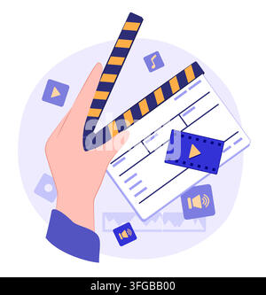Human Hand Holding Clapperboard with Film Production Elements Floating Around for Film Production Concept Illustration Clip Art Stock Vector
