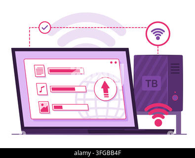 Laptop Computer Uploading Data Files to Storage Server for Backup Purposes via Wireless Connection Technology Concept Illustration Clip Art Stock Vector