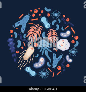 Microbes and bacteria on a dark background. Round design. Modern flat vector illustration Stock Vector