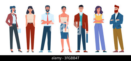 Business team of different gender, age and race standing on an isolated white background. Modern flat cartoon illustration Stock Vector