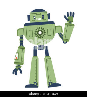 Cute robot waving his hand. Flat cartoon vector illustration on isolated white background Stock Vector