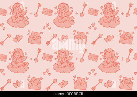 Sweet Valentine seamless pattern featuring dreamy Cupid angels sitting on clouds, love letters, heart tipped arrows and floating hearts in a delicate Stock Vector
