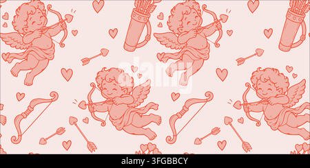 Playful Valentine seamless pattern with cheerful Cupid archers, heart tipped arrows, bows, quivers and floating hearts. Romantic hand drawn design for Stock Vector