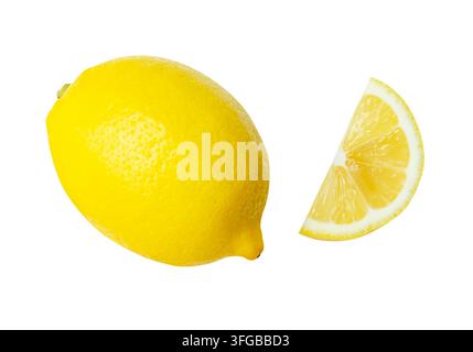 Top view set of ripe yellow lemon fruit with quarter slice is isolated on white background with clipping path. Stock Photo