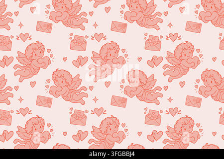 Seamless Valentine pattern with flying cherubs holding hearts, love letters, envelopes and romantic symbols. Delicate hand drawn background for Stock Vector