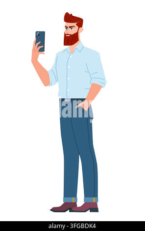 Man stands and holds a smartphone in his outstretched hand. Flat cartoon vector illustration on isolated white background Stock Vector