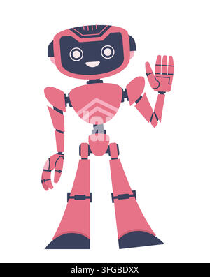 Cute robot waving his hand. Flat cartoon vector illustration on isolated white background Stock Vector