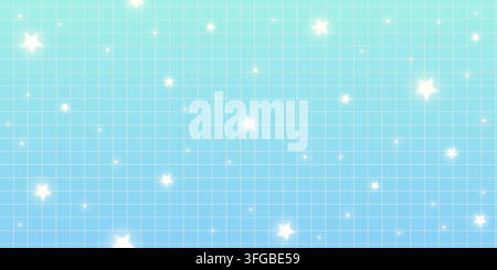 Y2K aesthetic background with soft starlight and sparkle effects. Retro grid pattern design with pastel blue color and geometric checkers for trendy Stock Vector