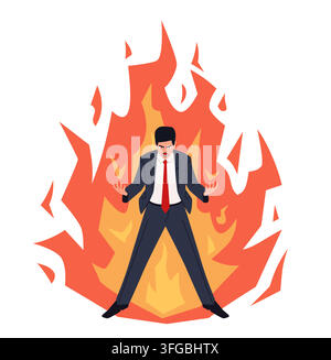 Young businessman in a fit of rage against the background of a blazing fire. Isolated white background. Modern flat cartoon illustration Stock Vector