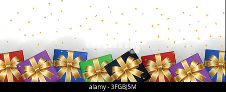 Luxury gift boxes with golden bows and confetti on white background. Elegant festive border with copy space vector illustration Stock Vector