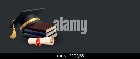 Graduation cap, diploma scroll and stacked books isolated on black background. Academic education vector illustration with copy space Stock Vector