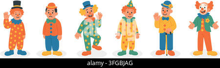 Funny cartoon circus clowns set with different expressions and poses. Flat vector illustration of various entertainers in colorful costumes and hats Stock Vector