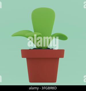 Plant in a brown pot. Cartoon abstract style. 3d render illustration Stock Photo