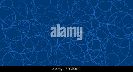 A dark blue abstract background showcases random pattern of circles, forming a dynamic geometric texture. The overlaying, intersecting outlines, round Stock Vector