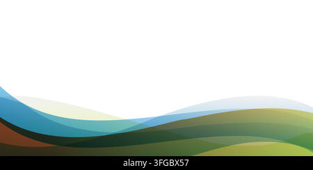 Minimal abstract simple wide scale background template with overlapping translucent colorful waves, layers, curves on the bottom and white space on th Stock Vector