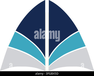 Flat illustration of sharp symmetrical wings constructed from layered geometric sections in navy teal white and gray Stock Vector
