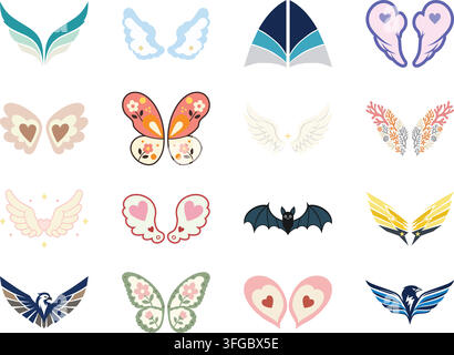 colorful flat illustration collection featuring many decorative wing designs, including angel wings, butterfly wings, bat wings, dragon inspired wings Stock Vector