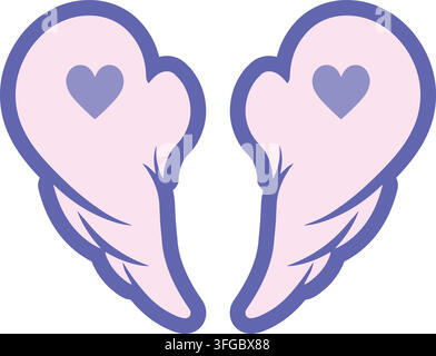 Flat illustration of rounded lavender angel wings outlined in purple with soft pink inner areas and heart shaped center details Stock Vector