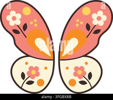 Flat illustration of decorative butterfly wings featuring orange pink cream and black sections with small flower and leaf motifs Stock Vector