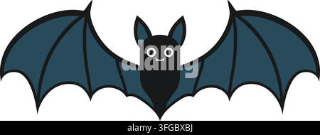 Flat illustration of a small dark bat with pointed ears and broad blue gray membranous wings extended fully to both sides Stock Vector