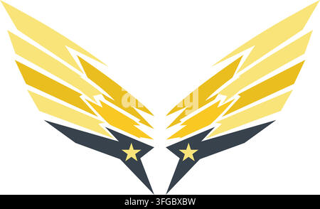 Flat illustration of energetic angular wings formed from yellow lightning shapes with dark pointed tips and small star details Stock Vector