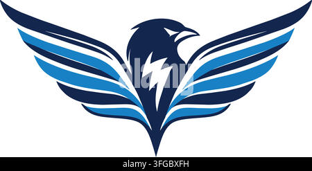 Flat illustration of a stylized navy eagle head centered between broad layered wings in dark blue light blue and white Stock Vector