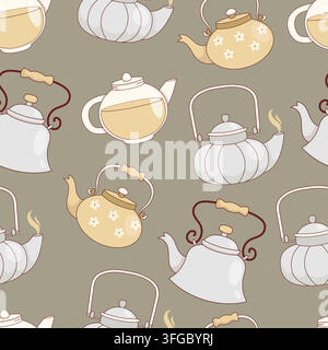Seamless Pattern with Various Artisan Teapots. Ceramic, Glass and Metal Kettles Hand Drawn on Pastel Background. Scandi Kitchenware Template for Texti Stock Vector
