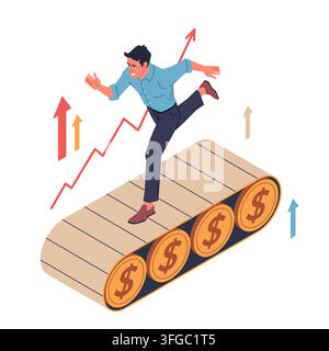 A businessman runs along a conveyor belt. Increased profits concept. Isometric design. Modern flat cartoon illustration isolated on white background Stock Vector