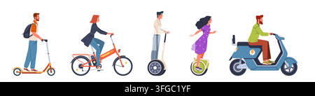 Set of people men and women riding on eco friendly safety electric transport. Scooter, bicycle, monowheel, segway. Modern flat cartoon illustration is Stock Vector