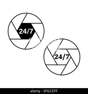 Camera shutter aperture 24 7 surveillance vector icon. eps 10. Stock Vector
