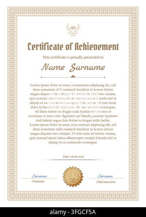 Certificate of Achievement Template with Beige Guilloche Border. Stock Vector