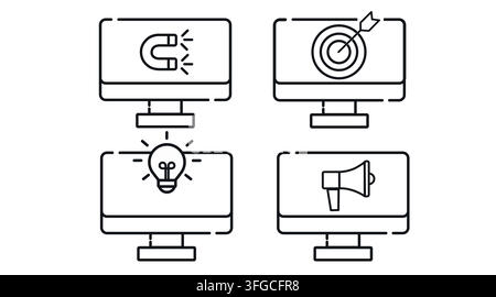Digital marketing and conversion computer monitors vector icons set. Black line art style on white background. Stock Vector