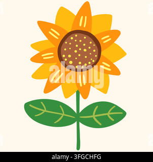 Cute hand drawn vector sunflower in warm colors, Simple minimal flat flower illustration for greeting cards, summer and autumn designs Stock Vector