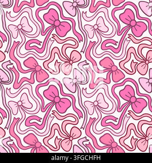 Cute vector seamless pattern with pink fun bows in coquette style, playful wavy ribbon illustration background Stock Vector