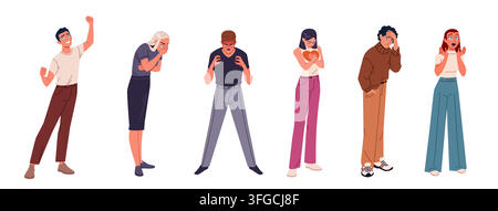Set of people in different emotional states. Happy, crying, angry, in love, sad, surprised. Modern flat cartoon illustration isolated on white backgro Stock Vector