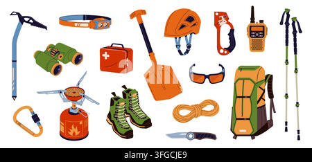 Mountaineering and touristic equipment set. Head-mounted flashlights, carabine, helmet, knife, protective glasses, boots, walkie-talkie, jumar, first Stock Vector