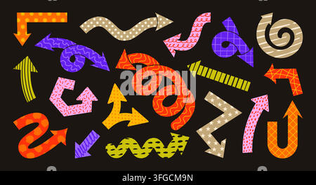 Funky arrow. Comic direction pointer. Colorful arrows with various texture, cartoon funny decor with playful pattern, navigation sign with different Stock Vector