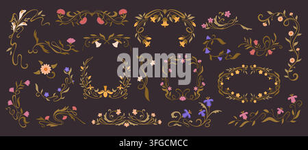 Art Nouveau floral frames. Decorative flower borders. Vintage classic ornament botanical frame, wreath, corner, divider with branches, leaves, flowers Stock Vector