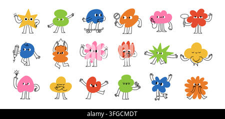 Funny abstract character. Emotion shape mascot. Cartoon comic children figure with face and emoji. Funky childish cloud, star, flower. Doodle kid Stock Vector