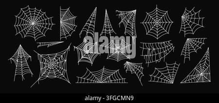 Spider web. Halloween spiderweb. Doodle line cobweb elements, spooky widow net silhouette in different shape, decor corner. Party decoration hanging Stock Vector