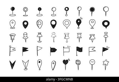 Navigation pin icon. Doodle location symbol. Hand drawn line map marks, digital GPS map pinpoint, pencil geotag, chalk travel point, route pointers Stock Vector