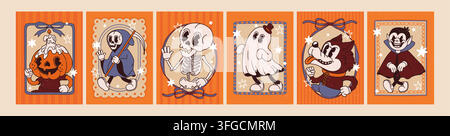 Halloween poster. Vintage spooky character. Retro groovy frame with funky vampire, werewolf, skeleton, pumpkin, ghost, death. Autumn holiday Stock Vector