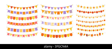 Halloween bunting pennant. Holiday color flag. Fall festive handmade paper and fabric garlands string up and adorn party. Leaves and triangles hanging Stock Vector