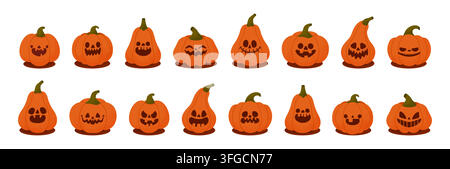 Halloween pumpkin. Cute season Jack o lantern. Cartoon spooky orange pumpkins with different emotions. Holiday scary monster face. Festive autumn Stock Vector
