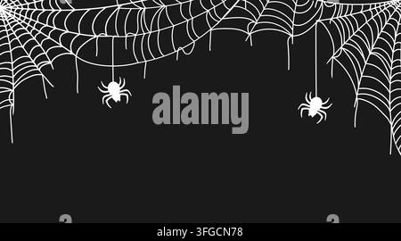 Spider web background. Cobweb frames. Border with spiders hanging on net. Halloween spiderweb black dark scene. Scary web silhouette decoration Stock Vector