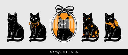 Black cat. Hand drawn magic animal. Vintage Halloween spooky cats, feline character with bow in frame. Retro gothic character. Scary kitty. Vector Stock Vector